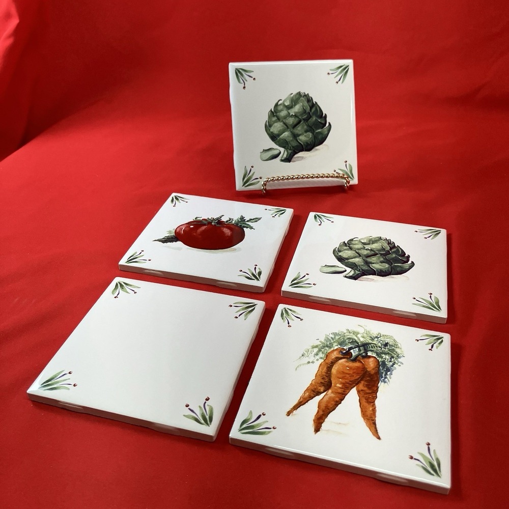 5 - Primavera 4.25" x 4.25" Decorative Ceramic Tiles / Tomato Carrots Artichokes